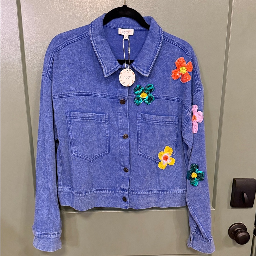 ODDY Blue Denim Jacket with Colorful Floral Appliqués